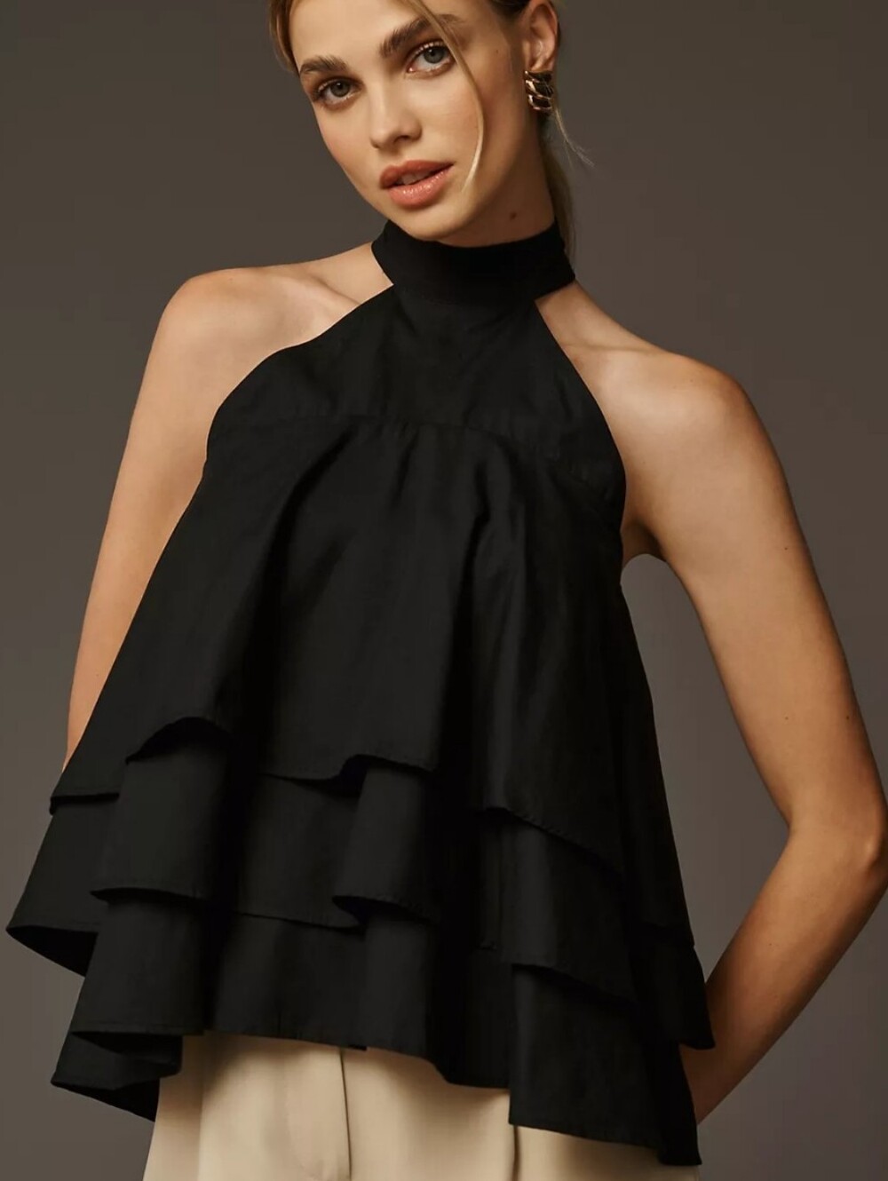 Anthropologie Maeve black tiered ruffle high neck open back halter top